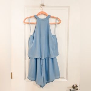 She & Sky Baby Blue Layered Flowy High Neck Romper with Open Back